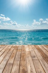 Fototapeta premium Tranquil Seaside Wooden Deck Overlooking Vast Blue Ocean and Sunny Sky - Serene Coastal Retreat with Weathered Planks for Summer Holiday Escapes