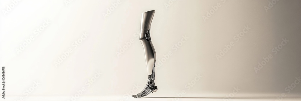Poster a stylish prosthetic leg stands elegantly against a light backdrop, emphasizing its advanced craftsm
