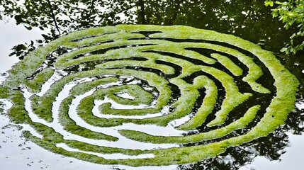 Naklejka premium Algal Bloom :water pollution. A lake covered in green algae, forming intricate patterns on the water’s surface. The scene conveys excess nutrients and poor water quality. 
