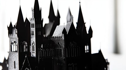 Fototapeta premium Elegant castle silhouette with arched windows and pointed turrets on a white backdrop, perfect for storybook or fantasy themes.