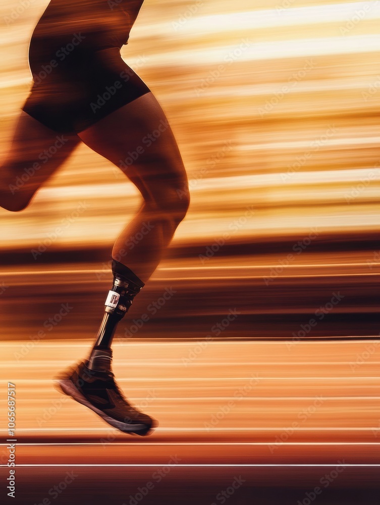 Poster an athlete sprints on a track, utilizing a prosthetic leg, embodying strength and perseverance durin