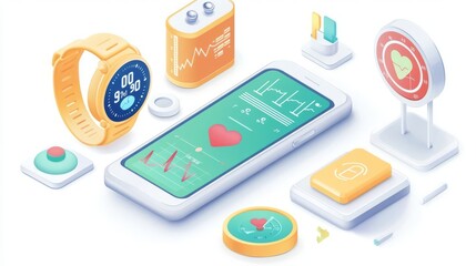 Modern health technology concept featuring a smartwatch, phone, and various health monitoring devices in vibrant colors.
