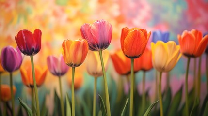 Obraz premium A vibrant display of tulips in various colors against a soft, colorful background.