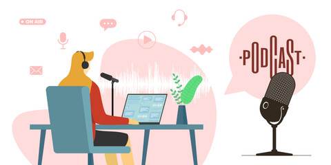 Radio host, blogger or DJ woman recording audio in online radio broadcast studio. Creative podcast show banner with microphone and media icons. Live streaming channel podcasting and broadcasting