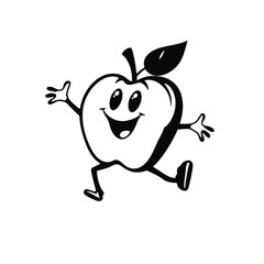 a funny jumping apple cartoon character, black color silhouette, isolated white background