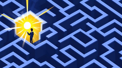 Person standing in a maze with light shining through an opening, symbolizing clarity.
