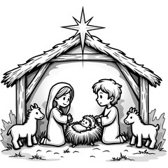 Obraz premium Simple Nativity Scene with Star and Animals