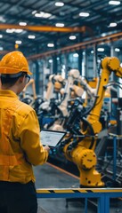 Engineer Overseeing Automated Production Line in Smart Factory Using Digital Tablet