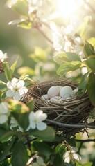 Bird's Nest with Eggs Nestled in Blossoming Tree Branches in Springtime Nature Scene