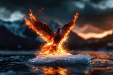 A stunning tableau of a flaming bird standing atop ice with a glowing horizon behind, illustrating themes of contrast, strength, and ethereal beauty in nature.