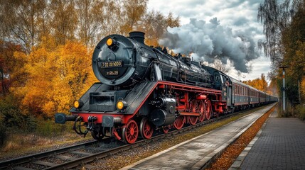 Obraz premium A vintage steam locomotive travels through an autumn landscape with colorful trees.