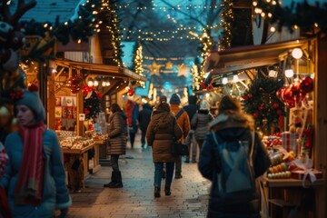 Festive Holiday Market with Cheerful Shoppers and Decorative Lights for Seasonal Celebration