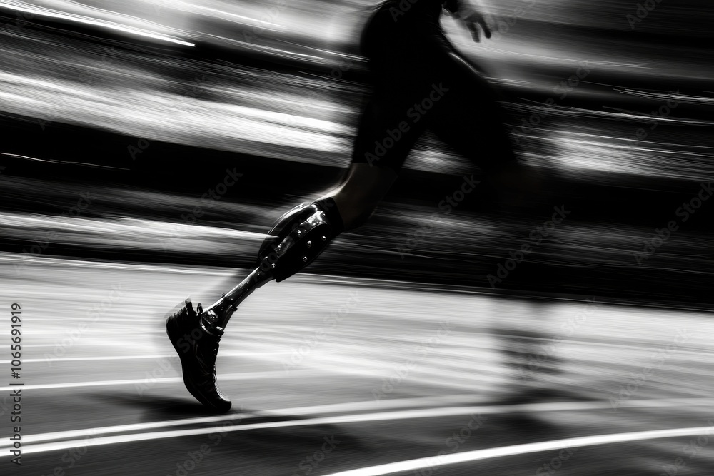Aufkleber An athlete skillfully races on a track, demonstrating agility and resilience while using a prosthetic leg in a dynamic fast-paced setting. Generative AI
