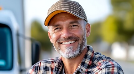 Portrait of a middle aged man with a big smile on his face, wearing a trucker hat and a plaid shirt, looking directly at the camera with confidence and a sense of pride in his profession.