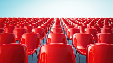 Obraz premium Stadium seating section with clean, empty seats under a clear sky, highlighting the calm before the crowd arrives.