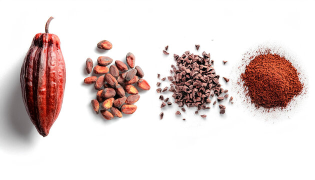 Creative layout made of cacao fruit, cacao beans, cacao nibs and powder on white background. Flat lay. Food concept. Macro  concept.