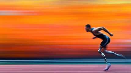 A determined athlete with a prosthetic leg runs swiftly on a track, showcasing dedication against a vibrant sunset backdrop. Generative AI