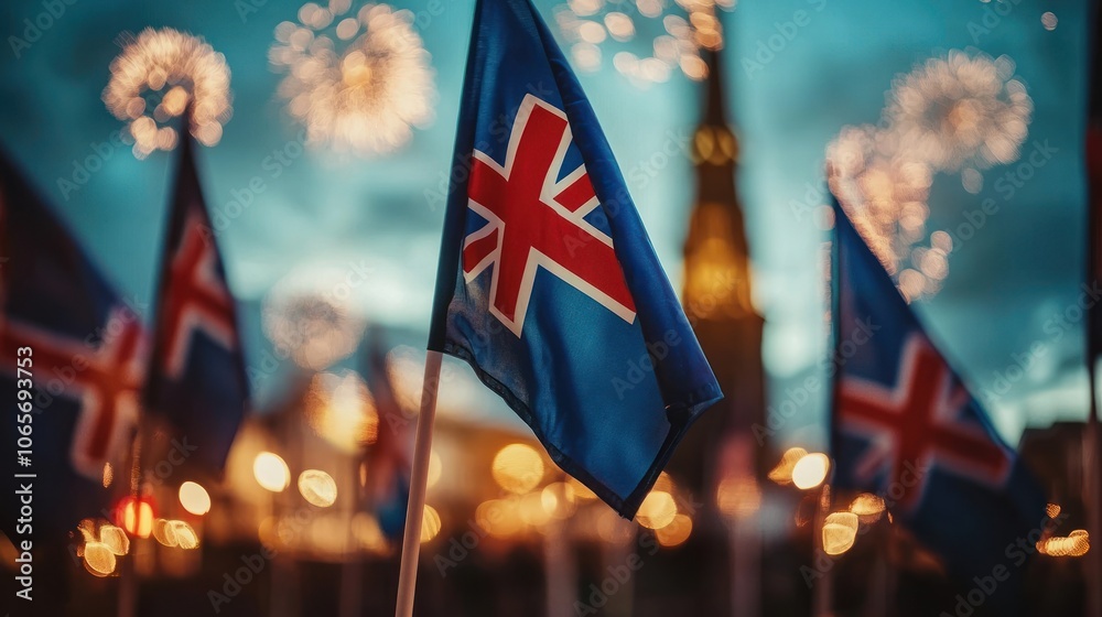 Poster icelandic flags and fireworks in a festive setting