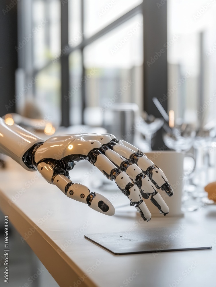 Fototapete a robotic prosthetic hand is skillfully grasping a small object on a table in a contemporary workspa