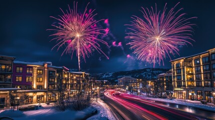 Fototapeta premium A vibrant night scene featuring fireworks over a snowy town with illuminated buildings.