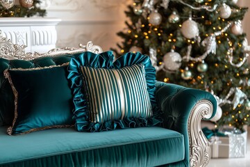 Obraz premium festive Christmas livingroom with a velvet coach with striped deep green and teal pillows with ruffles, Christmas tree, gree, silver and golds, modern