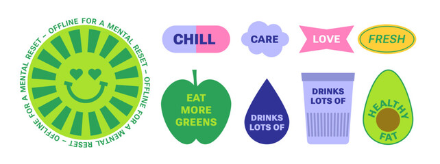 Healthy lifestyle minimalist stickers. Illustration with quote Self care. Good habits, Organic labels from simple shapes. Eat more greens, chill, healthy fat,