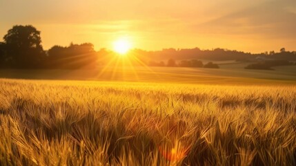 Obraz premium A tranquil sunrise over a barley farm, with warm light illuminating the golden crops