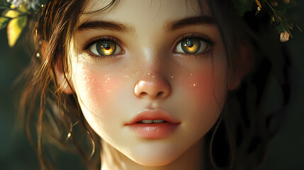 Fototapeta premium An ethereal girl with luminous eyes and a radiant complexion, emitting a mystical glow. 3d siblings. illustrations. Mystical. Illustration