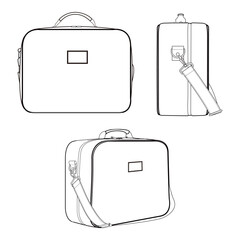 Three-view illustration of a rectangular shoulder bag with handle, shoulder strap, and label patch, shown in front, side, and perspective views.