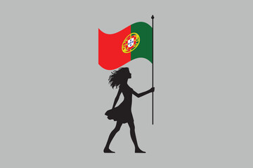 Portugal girl with flag, Flag of Portugal national country symbol illustration Vector, Rectangle Portugal flag illustration, Flat vector illustration
