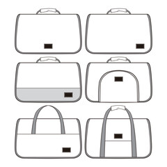 Six-view illustration of a duffel bag in various styles with handles, label patch, and side pocket detail.