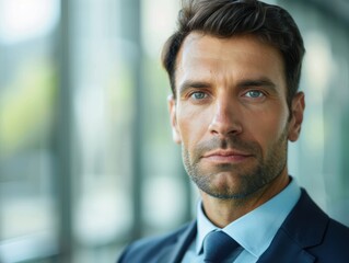 Fototapeta premium Businessman in a blazer, close-up smiling confidently, with office in the background