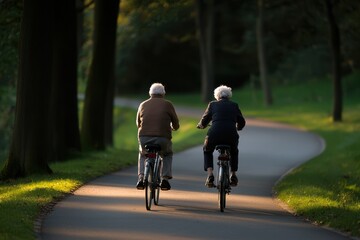 Obraz premium An elderly couple rides their bicycles side by side along a peaceful, tree-lined path at sunset, enjoying a beautiful outdoor moment together