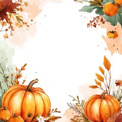 Naklejka premium Whimsical Autumn Decor. Hand-Painted Watercolor Frame with Pumpkins, Leaves, and Flowers