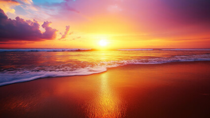 Obraz premium Vibrant sunset over a tranquil beach with gentle waves and colorful sky reflections