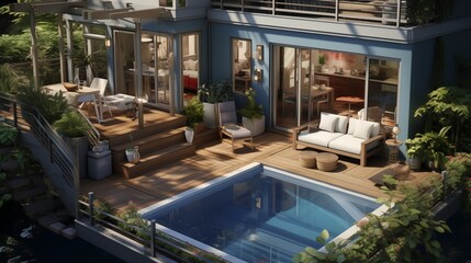 Fototapeta premium Luxury in Nature: A Cozy Outdoor Living Room by the Pool, Framed by Trees and the Beauty of a Stunning Home