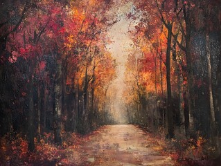Fototapeta premium A serene autumn landscape with vibrant foliage illuminating a tranquil path through the trees, inviting exploration and peace.