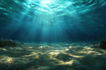 Obraz premium Sunlight streams through the turquoise water, creating a magical atmosphere over a sandy ocean floor, showcasing vibrant aquatic life and tranquility