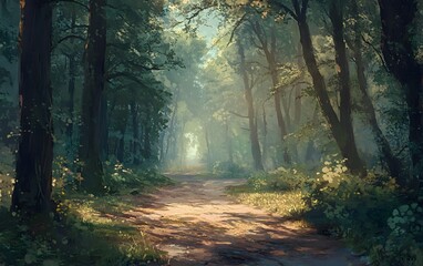 Obraz premium A serene forest path illuminated by soft sunlight, surrounded by lush greenery and gentle fog, perfect for nature lovers.