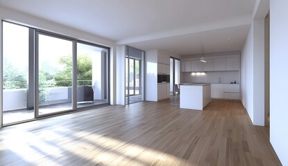 Fototapeta premium Beautiful modern empty living room interior with wooden floor and white walls, large windows, and an open kitchen. Photorealistic 3D rendering illustration of an apartment interior design, 
