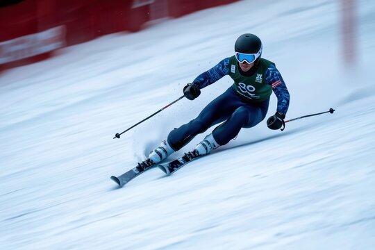 A competitive skier descends a snowy slope with agility and precision, navigating the course marked by red barriers during a winter sports event