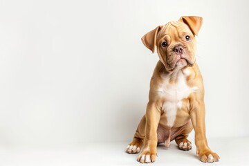 Obraz premium Young English Bulldog sitting against white background looking at camera.