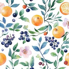 Botanical Romance. Watercolor Floral Pattern with Orange Berries and Tree Branches