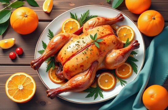 Gourmet roasted chicken with orange slices and fresh herb garnish - Powered by Adobe