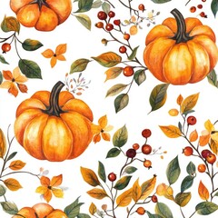 Naklejka premium Fall Harvest: Hand-painted Watercolor Background with Pumpkins, Berries, and Leaves
