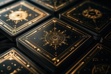 Obraz premium Luxurious Black and Gold Tarot Card Deck with Intricate Foil Details for Mystical Readings