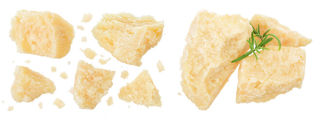 Obraz premium Pieces of parmesan cheese isolated on white background. Top view. Flat lay