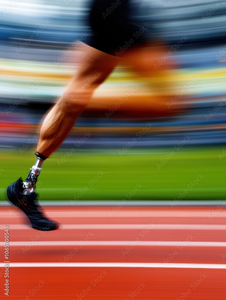 Aufkleber An athlete uses a prosthetic leg to sprint on a track, showcasing determination and skill in a competitive setting on a sunny day. Generative AI