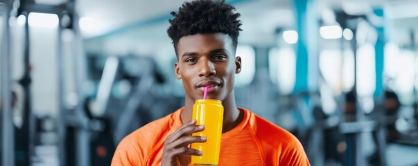 Athlete with vibrant sports drink, gym setting, fresh energy