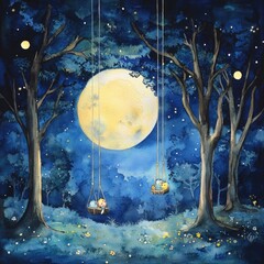 Whimsical Watercolor Moon and Flower Illustration for Children's Night Time Dream